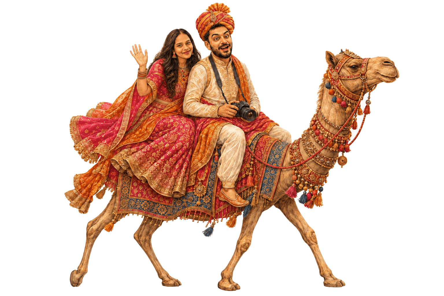 Illustrated Saloni and Parth arriving on a decorated camel