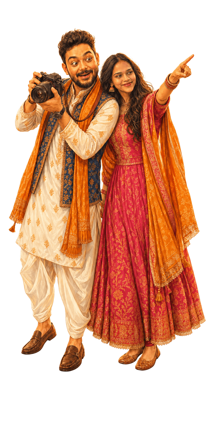Illustrated Saloni and Parth exploring Rajasthan with a camera