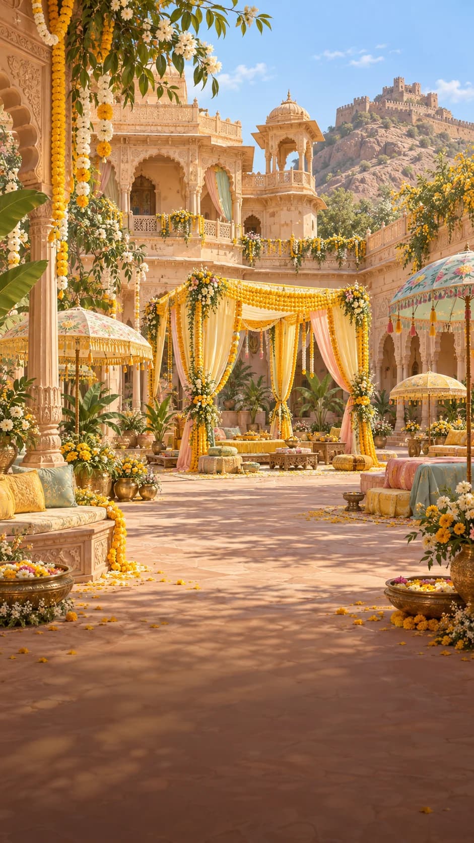 A sunlit Rajasthani palace courtyard decorated for the Haldi Carnival